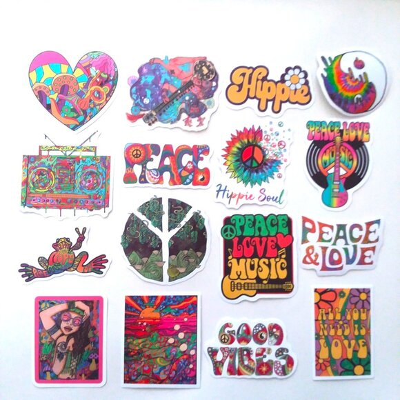 Stickers Hippie Peace lot of 16 Water Bottle Laptop Luggage Crafts Trippy Music - Picture 3 of 3